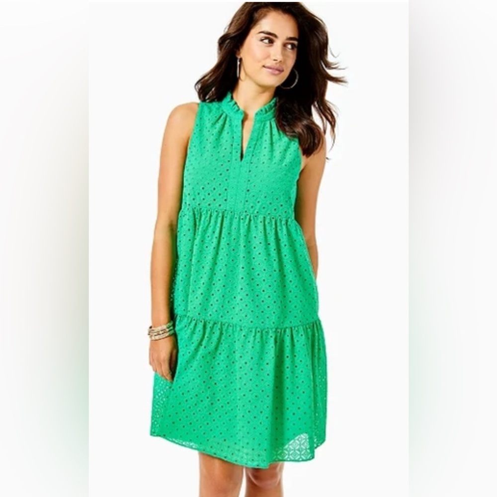 Lilly Pulitzer Novella Green Eyelet Swing Dress Size XXS Pockets!